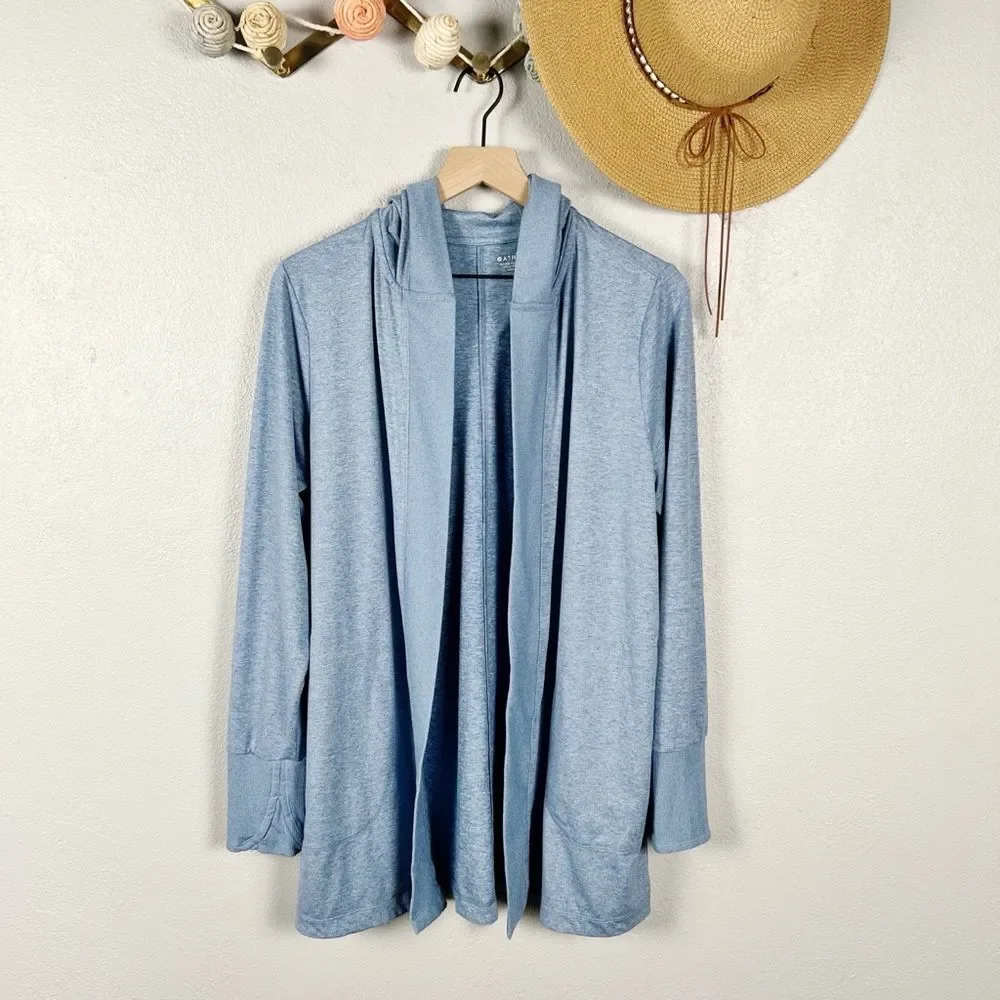 Athleta Untempo Wrap Cardigan Blue Hooded Pockets Size Large